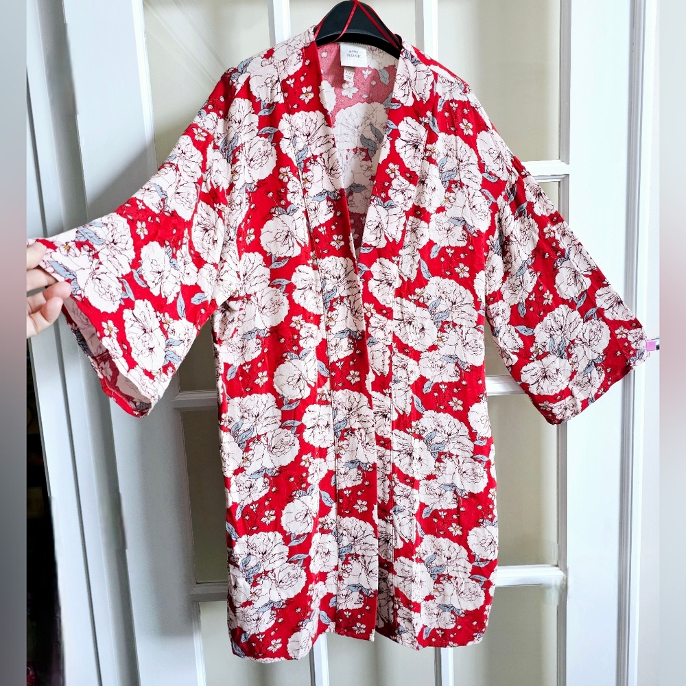 Knox Rose Floral Kimono Open Front XS/S Red White Flowers